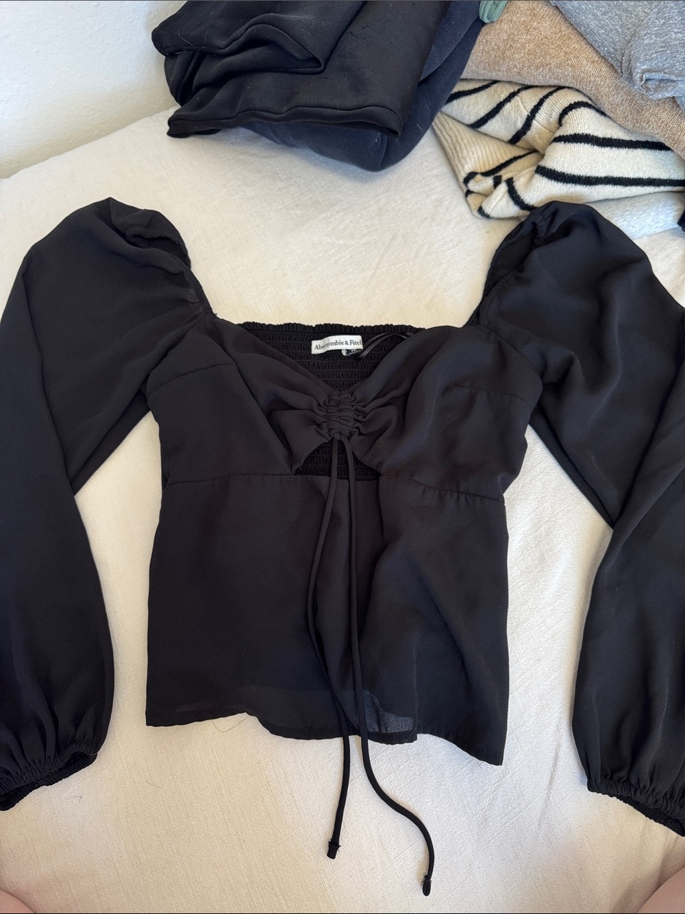 Abercrombie Black Drawstring Smocked Peasant Blouse